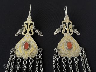 Central - Asian A pair of Turkmen Traditional Silver Wedding Earrings & Turkmen girl's Using for Ceremonial Days. Fire Gilded With Carnelian Circa - 1900 Good Condition ! Size - ''21.5 cm  ...