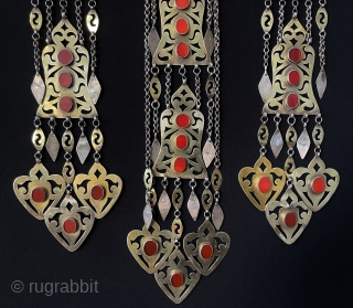 Central - Asian A set of Turkmen Traditional Silver Headpiece & Hair Jewelry Gold Washed and with Carnelian. Special Jewelery Used in Turkmen Weddings. Size - Two edges : 47.5 cm x  ...