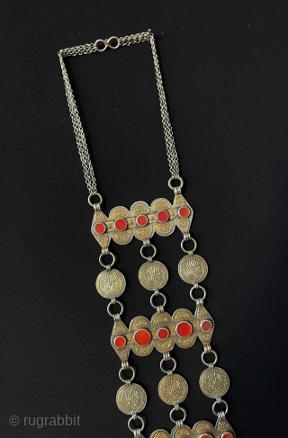 Antique Turkmen - Yomud Tribal Silver Necklace Fire Gilded with Carnelian. Turkmen people Used for Wedding and Engagement Days.Turkmen Art Collector Jewelery.Circa - 1900 Size - Lenght with Chain : 58 cm  ...