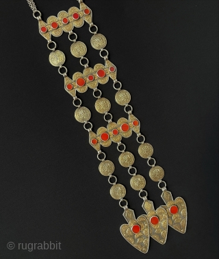 Antique Turkmen - Yomud Tribal Silver Necklace Fire Gilded with Carnelian. Turkmen people Used for Wedding and Engagement Days.Turkmen Art Collector Jewelery.Circa - 1900 Size - Lenght with Chain : 58 cm  ...