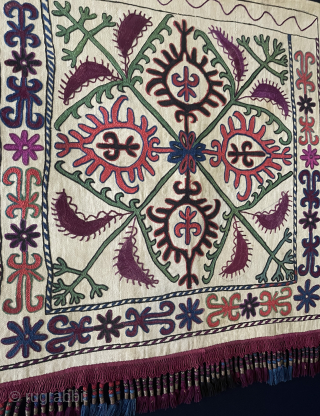 Antique Kyrgysyztan Silk Embroidered Yurt Hanging Decoration. Mostly silk and only red color wool embroidered on hand loomed cotton with silk tassels. Natural colors from vegetable dyes. Circa - 1900 - 20s.  ...