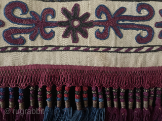 Antique Kyrgysyztan Silk Embroidered Yurt Hanging Decoration. Mostly silk and only red color wool embroidered on hand loomed cotton with silk tassels. Natural colors from vegetable dyes. Circa - 1900 - 20s.  ...