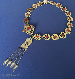 Turkmenistan Ethnic Tribal Ceremonial Silver Belt Fine Gilded with Carnelian and Turquoise Great Condition. Size - ''96 cm x 8 cm'' - Weight : 218 gr. turkmansilver@gmail.com      