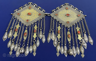 Antique Turkmen - Tekke Tribal Pair of Silver Headpiece Jewelry Gilded with Carnelian and Silver Tassels. (Donbahcyk). Size - ''21 cm x 14.5 cm'' - Lenght : 28 cm - Weight :  ...