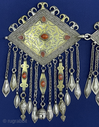 Antique Turkmen - Tekke Tribal Pair of Silver Headpiece Jewelry Gilded with Carnelian and Silver Tassels. (Donbahcyk). Size - ''21 cm x 14.5 cm'' - Lenght : 28 cm - Weight :  ...