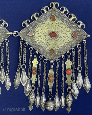 Antique Turkmen - Tekke Tribal Pair of Silver Headpiece Jewelry Gilded with Carnelian and Silver Tassels. (Donbahcyk). Size - ''21 cm x 14.5 cm'' - Lenght : 28 cm - Weight :  ...