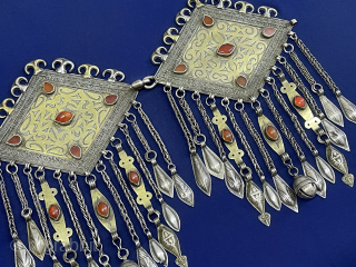 Antique Turkmen - Tekke Tribal Pair of Silver Headpiece Jewelry Gilded with Carnelian and Silver Tassels. (Donbahcyk). Size - ''21 cm x 14.5 cm'' - Lenght : 28 cm - Weight :  ...