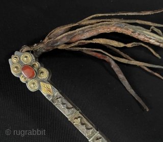 Antique Turkmen - Yomud Tribal Silver Whip Fire Gilded with Carnelian & Leather. Circa - 1900 Good Condition. - Lenght : 81 cm.          