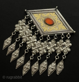 Central - Asian A beautifull Antique Turkmen Talismanic Silver Tassel Pendant Fire Gilded with Carnelian. İskendery Design Workmanship Fine Gift Jewelery. Size - ''14.5 cm x 10.5 cm'' - Weight : 51  ...