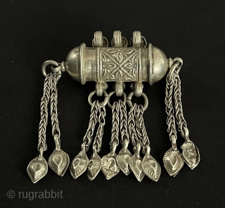 Central - Asian Antique Afghanistan Tribal Silver Tassel Pendant Original Ethnic Turkoman Art Jewelery. Size - ''8 cm x 6.5 cm'' - Weight : 44 gr.       
