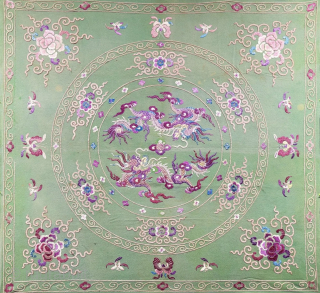 Chinese Silk Embroidered Bokhca & Hanging Decoration. Saturated natural colors. Dragons in fight in center. Few tiny wears. Overal in great condition with printed cotton backing. Size - 48.5'' x 45'' - ...