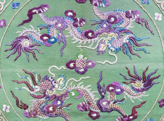Chinese Silk Embroidered Bokhca & Hanging Decoration. Saturated natural colors. Dragons in fight in center. Few tiny wears. Overal in great condition with printed cotton backing. Size - 48.5'' x 45'' - ...