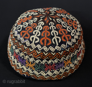 Antique Turkmen silk embroidered skullcap & hat. A fine silk lacing and chain stitch embroidery in traditional style of Yomud Turkmens. Fine workmanship with some natural colors. Quilted and lined with plain-cotton.  ...