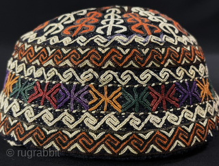 Antique Turkmen silk embroidered skullcap & hat. A fine silk lacing and chain stitch embroidery in traditional style of Yomud Turkmens. Fine workmanship with some natural colors. Quilted and lined with plain-cotton.  ...