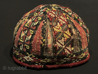 Antique Turkmen Tekke Tribe Child Hat. Silk Embroidered on Hand Loomed Fabric. Circa - 19th Century. Size - Height : 10 cm - Circumference : 47 cm. turkmansilver@gmail.com     