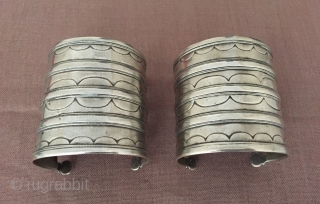 Central - Asia Turkmen pair of ethnic tribal old silver cuff bracelets ( Arm - band ) Circa - 1900 Size - 6.5 cm x 6.5 cm - İnnir circumference : 13.5  ...