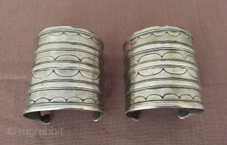 Central - Asia Turkmen pair of ethnic tribal old silver cuff bracelets ( Arm - band ) Circa - 1900 Size - 6.5 cm x 6.5 cm - İnnir circumference : 13.5  ...