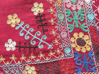 Antique - Tajikistan silk embroidered talismanic prayer suzani with traditional floral design. Size - 44'' x 25.5'' ''112 cm x 65 cm'' turkmansilver@gmail.com          
