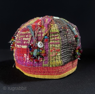 Antique Turkmen Tribal Silk & Cotton Hat, Skullcap and with Beads. All Natural Dys. Size - Circumference : 47 cm.
             