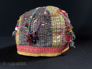 Antique Turkmen Tribal Silk & Cotton Hat, Skullcap and with Beads. All Natural Dys. Size - Circumference : 47 cm.
             