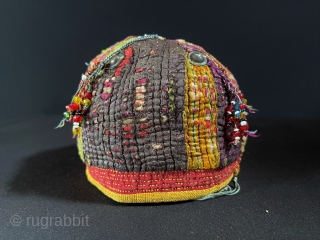 Antique Turkmen Tribal Silk & Cotton Hat, Skullcap and with Beads. All Natural Dys. Size - Circumference : 47 cm.
             