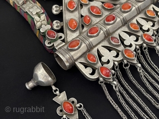 Antique Turkmen Dashlake Tribal Silver Ak Tumar Necklace with Carnelian & Talismanic Hanging Silver Decorative. Size - ''27 cm x 22 cm'' - Lenght : 53 cm - Tassels : 10 cm
Weight  ...