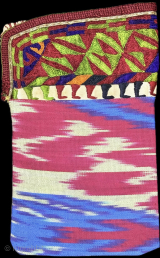 Turkmen silk embroidered and silk ikat double sided pouch. Size : 9.5'' x 6'' x ''24 cm x 15 cm'' turkmansilver@gmail.com.