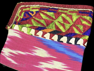 Turkmen silk embroidered and silk ikat double sided pouch. Size : 9.5'' x 6'' x ''24 cm x 15 cm'' turkmansilver@gmail.com.