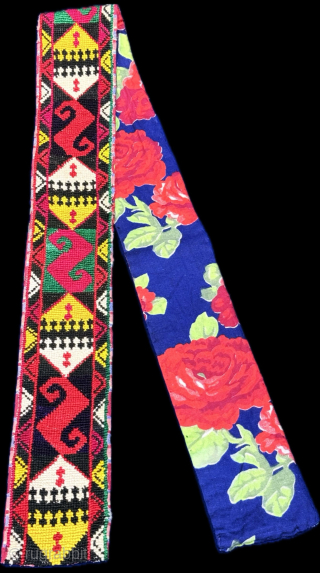 Uzbekistan Lakai silk embroidered belt. Fine silk cross stitched embroidery with saturated natural colors. Lined with printed Russian cotton backing. Fairly in good condition. (38.5'' x 2.5'') - (''98 cm x 6.5 ...