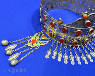 Turkmen ceremonial women silver crown. An crown item for Turkmen tribes to use it on wedding and other important days. It has great patina from use and survived in respectful dowries to  ...