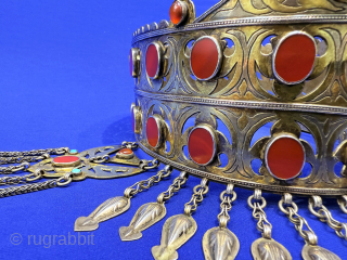 Turkmen ceremonial women silver crown. An crown item for Turkmen tribes to use it on wedding and other important days. It has great patina from use and survived in respectful dowries to  ...