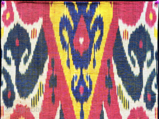 Antique Uzbekistan silk adras ikat fragment. Amazing saturated colors from natural dyes. It has plain fine red cotton backing. Fairly in good condition. Size - 30.5'' x 16'' - ''77 cm x  ...