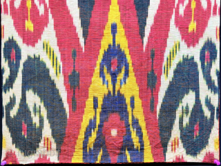 Antique Uzbekistan silk adras ikat fragment. Amazing saturated colors from natural dyes. It has plain fine red cotton backing. Fairly in good condition. Size - 30.5'' x 16'' - ''77 cm x  ...