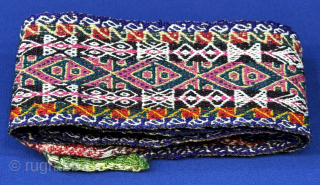 Antique Nomadic ceremonial all fine wool embroidered belt. Saturated colors and ethnographic design talismanic belt. Size - 57'' x 3'' - ''145 cm x 7.5 cm'' turkmansilver@gmail.com.      