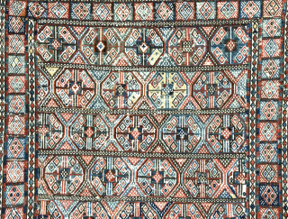 Caucasus antique verneh kilim. Very fine wool extra weft weave on cotton foundation. Natural colors from vegetable dyes of madder red and indigo blue along with some yellows. Circa - 1900 or  ...