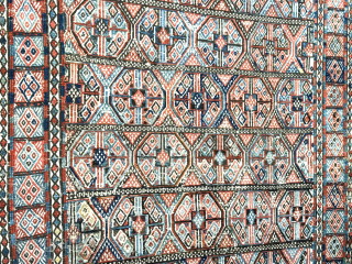 Caucasus antique verneh kilim. Very fine wool extra weft weave on cotton foundation. Natural colors from vegetable dyes of madder red and indigo blue along with some yellows. Circa - 1900 or  ...