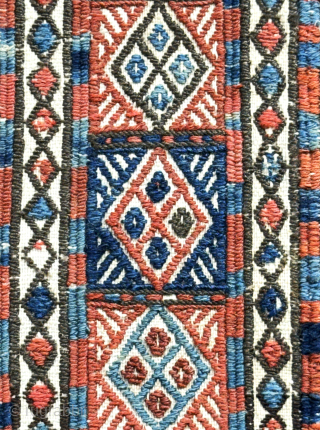 Caucasus antique verneh kilim. Very fine wool extra weft weave on cotton foundation. Natural colors from vegetable dyes of madder red and indigo blue along with some yellows. Circa - 1900 or  ...