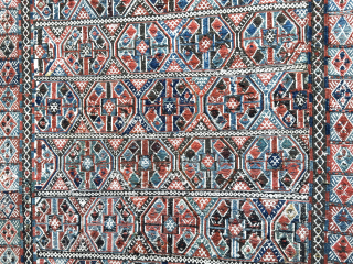 Caucasus antique verneh kilim. Very fine wool extra weft weave on cotton foundation. Natural colors from vegetable dyes of madder red and indigo blue along with some yellows. Circa - 1900 or  ...