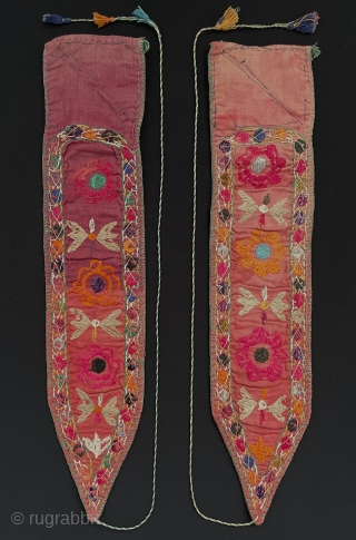 A pair of Antique Uzbekistan Silk Embroidered Costume Accessories & Armband Circa - 1900 Size - ''48 cm x 10 cm'' turkmansilver@gmail.com           