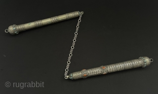 Antique Afghanistan Ethnic Tribal Silver Minchika with Carnelian & Turquoise.
Original Ethnic Turkmen Art Jewelery Collector. Circa - 1900 Size - For Each : 28 cm - 
Lenght : 80 cm - Middle  ...