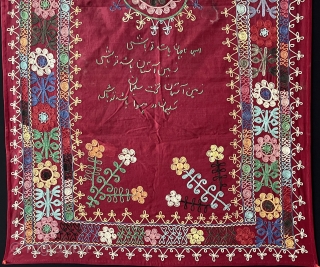 Tajikistan Silk Embroidered Prayer Suzani with Talisman Writting Floral Motifs. Couple Little Stain but Good Condition. Size - ''112 cm x 65 cm'' turkmansilver@gmail.com
         