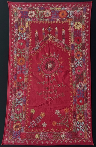 Tajikistan Silk Embroidered Prayer Suzani with Talisman Writting Floral Motifs. Couple Little Stain but Good Condition. Size - ''112 cm x 65 cm'' turkmansilver@gmail.com
         