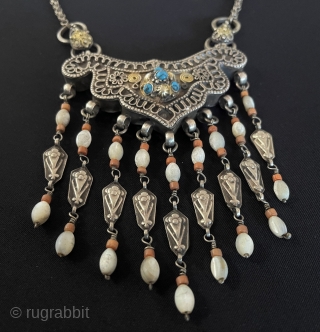 Antique Bukhora Traditional Silver Necklace with Turquoise and Coral. Fine Condition. Circa - 1900s Size - Height with chain : 48 cm - Height : 12.5 cm - Width : 9.5 cm  ...