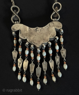 Antique Bukhora Traditional Silver Necklace with Turquoise and Coral. Fine Condition. Circa - 1900s Size - Height with chain : 48 cm - Height : 12.5 cm - Width : 9.5 cm  ...