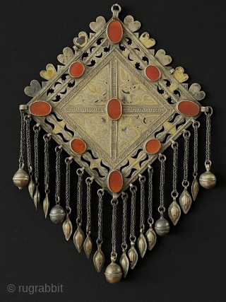 Antique Turkmen Traditional Silver Gonchuk Necklace Fire Gilded with Carnelian. Circa - 1900 Size - ''28.5 cm x 20 cm'' - Weight : 286 gr. turkmansilver@gmail.com       