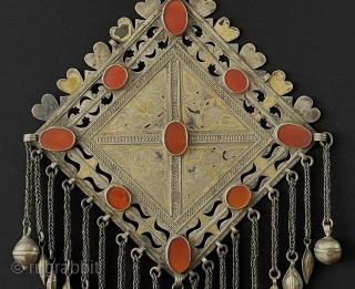 Antique Turkmen Traditional Silver Gonchuk Necklace Fire Gilded with Carnelian. Circa - 1900 Size - ''28.5 cm x 20 cm'' - Weight : 286 gr. turkmansilver@gmail.com       