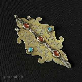 Central-Asian Antique Turkmen Tribal Silver Pendant Gilded with Carnelian and Turquoise Great Condition Fine Pretty Pendant Circa - 1900 Size - ''12 cm x 6 cm'' - Weight : 45.5 gr. Thank  ...