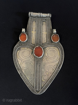 Central-Asian Antique Turkmen Tribal Talismanic Silver Asyk-Pendant Gilded and with Carnelian Circa - 1900s Size - ''16.5 cm x 10.5 cm'' - Weight : 124 gr. Thank you for visiting my Rugrabbit  ...