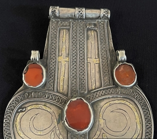 Central-Asian Antique Turkmen Tribal Talismanic Silver Asyk-Pendant Gilded and with Carnelian Circa - 1900s Size - ''16.5 cm x 10.5 cm'' - Weight : 124 gr. Thank you for visiting my Rugrabbit  ...