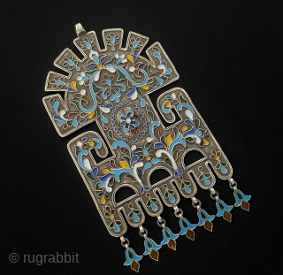 Antique Bukhora Talismanic Design Tribal Silver Enamel Pendant with Tassel. Great Condition! Size - Height with Tassels : 17 cm - Width : 9.5 cm - Tassels : 2 cm - Weight  ...